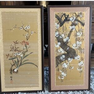 SET JAPANESE MID CENTURY HAND PAINTED SILK SCROLL ART VINTAGE